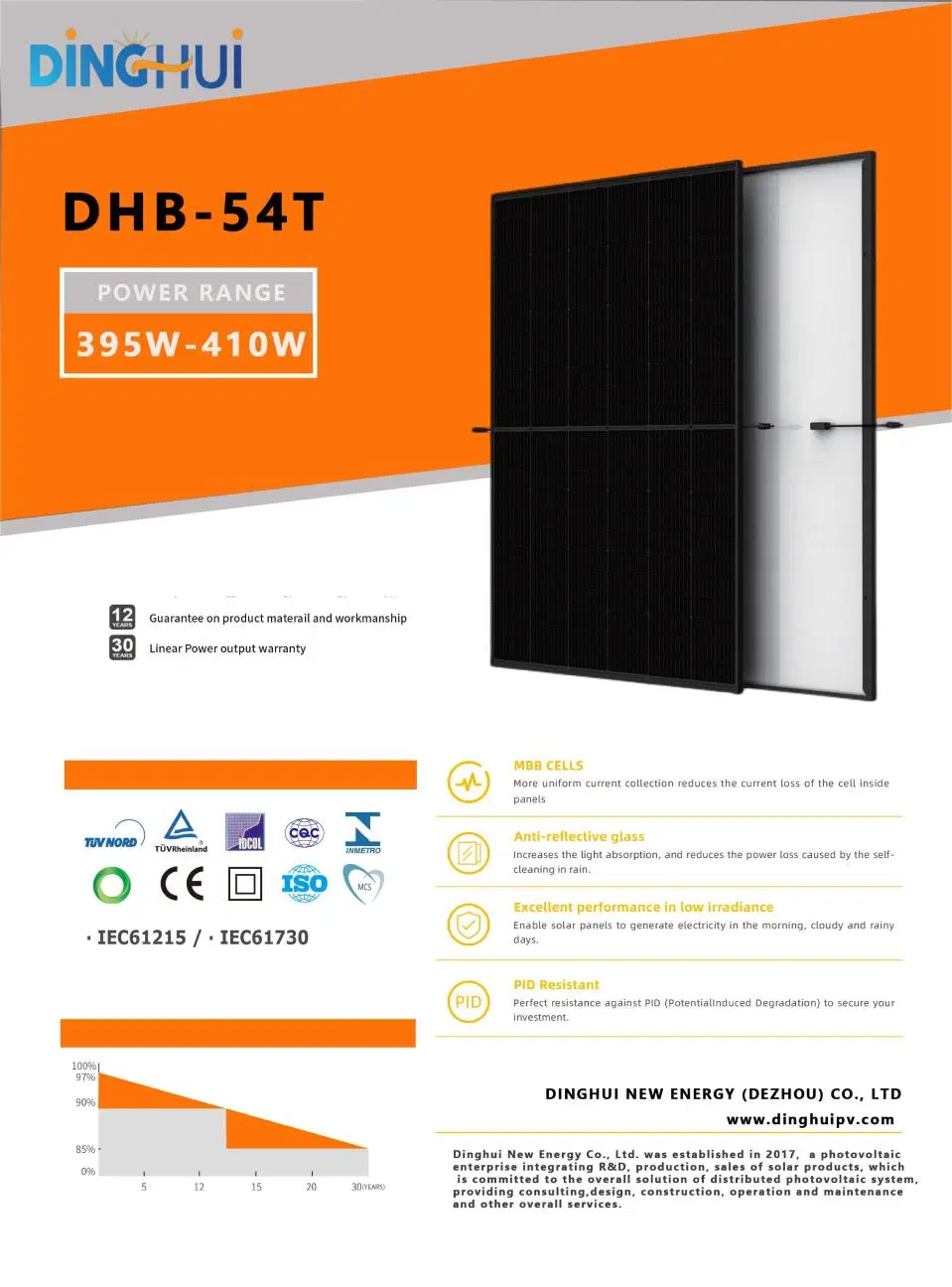 Dinghui Full Black Half Cell 182mm 11bb 395W 400W 405W 410W 415W Solar Panel From China Direct