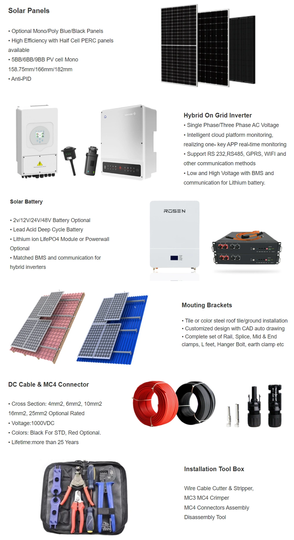 Rosen 10kw Hybrid Solar System 30kw 50kw 100kw Lithium Battery Storage